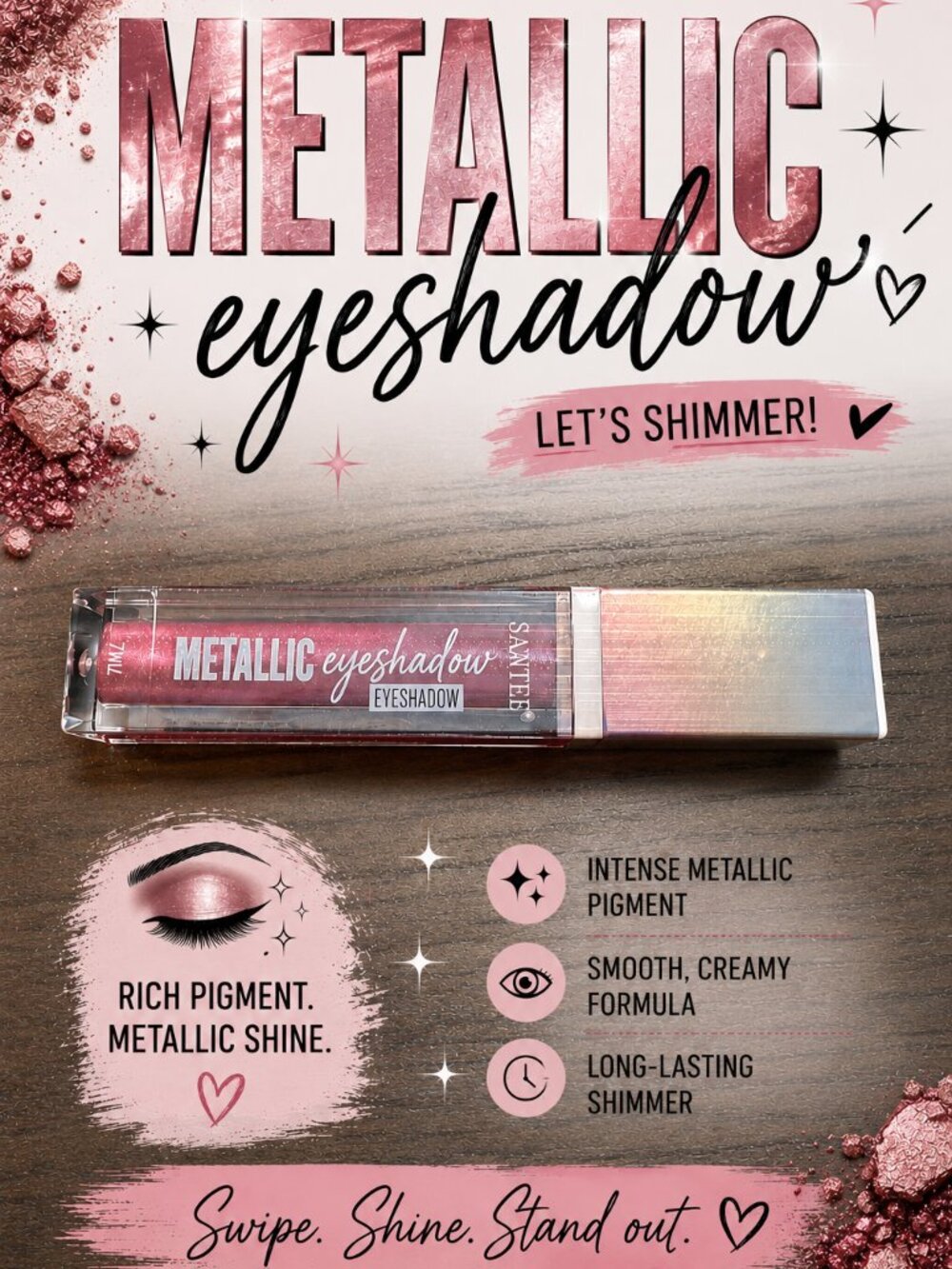 Santee Metallic Liquid Eyeshadow Shimmer Sparkle Warm Pink ST486 NEW